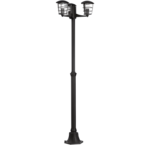 Aloria havelampe i Støbt Aluminium Sort med skærm i Klar Plastik, MAX 3x60W E27, Base Ø 21,5 cm,  diameter 48 cm, højde 180 cm.